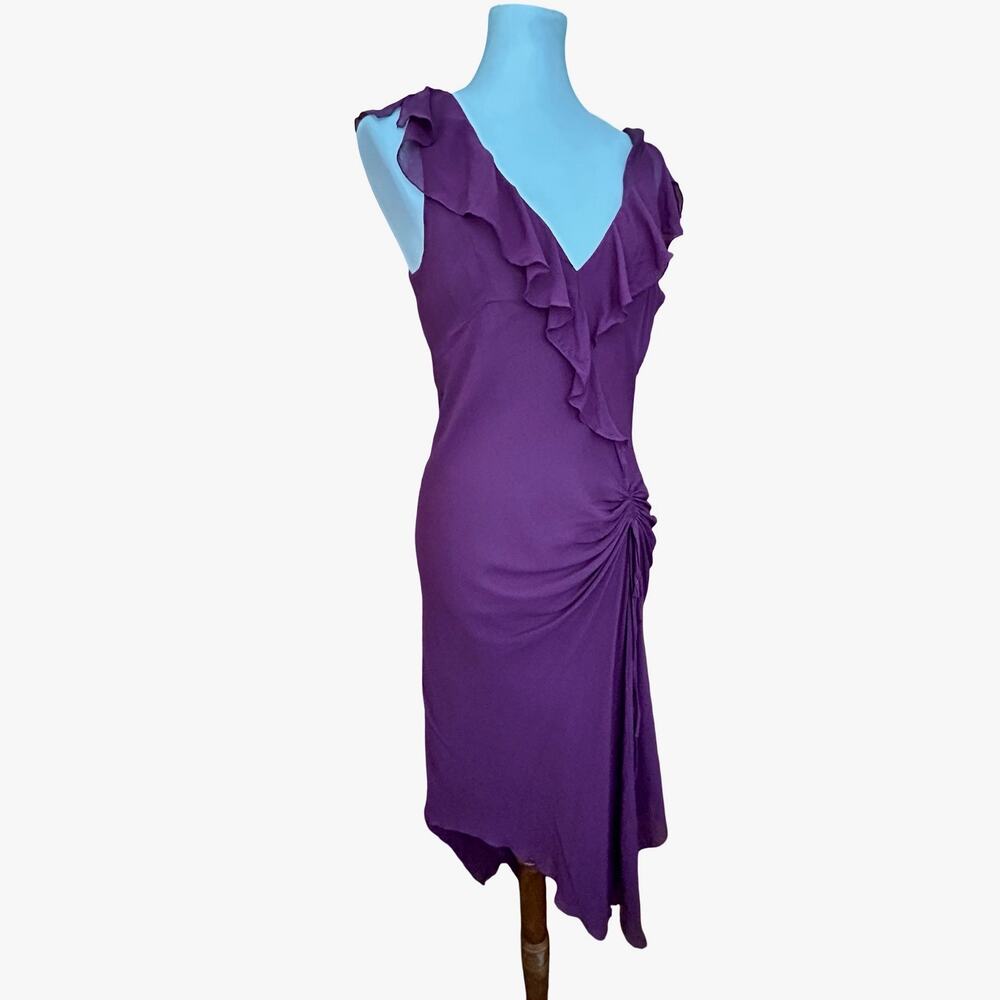 Vintage Y2K Max and Cleo Burgundy Silk Ruffle Asymmetrical Midi Dress